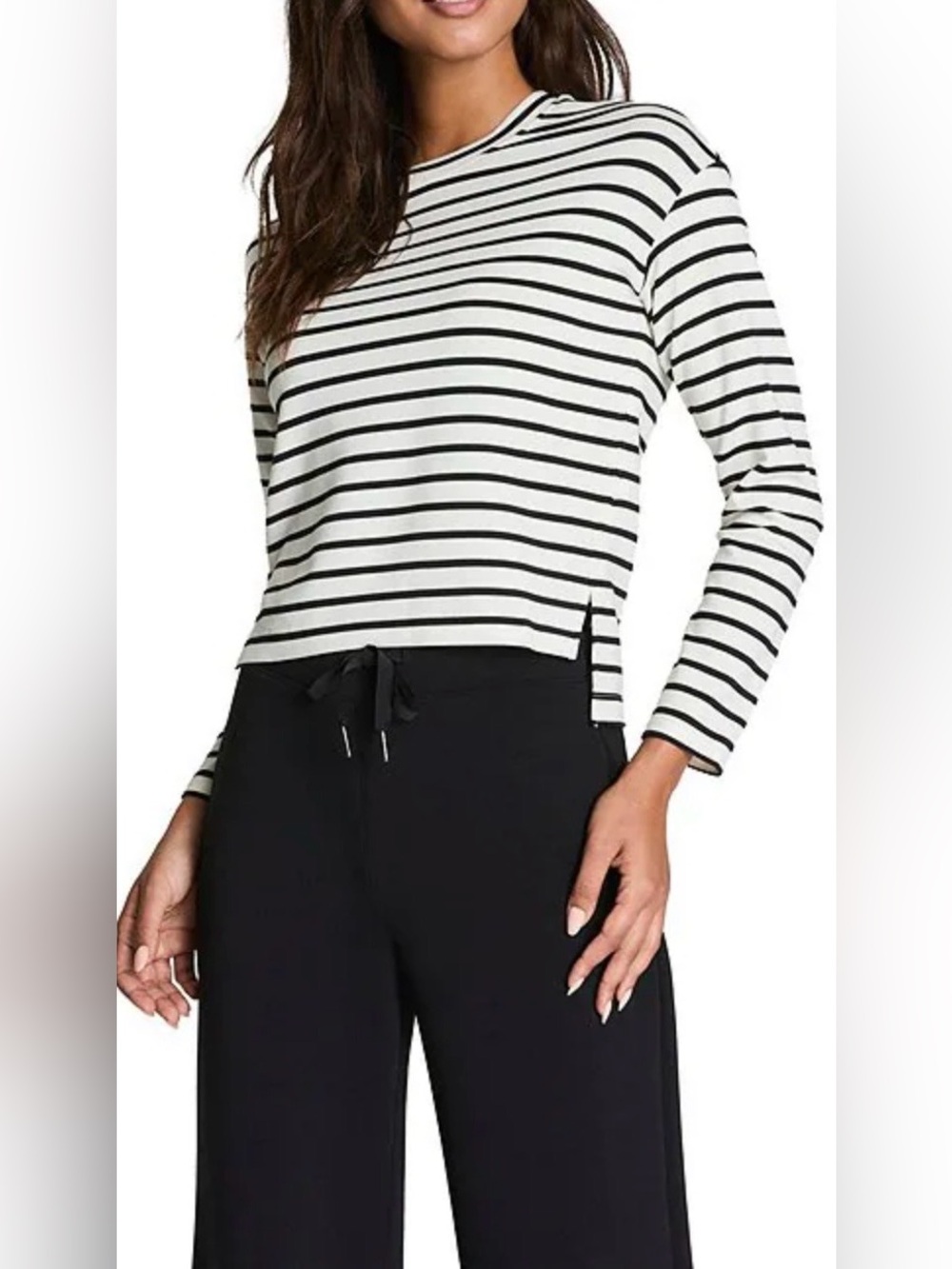 NWT Spanx AirEssentials Striped Long-Sleeve Crewneck Top in Black and White - L